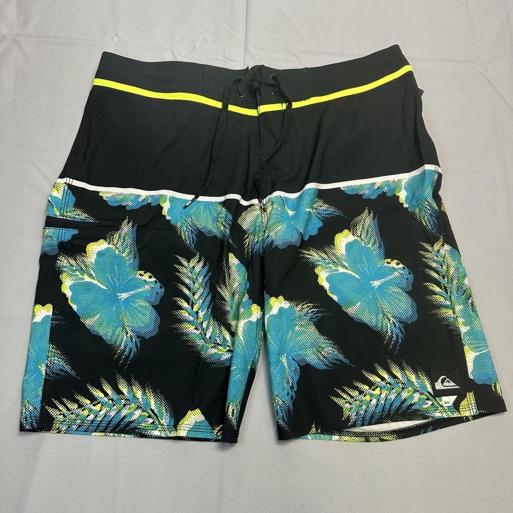 Quiksilver Board Shorts Mens 34 Black Blue Floral Tropical U20 Swim Trunks Surf